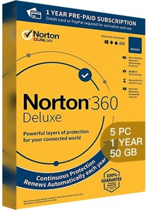 Norton 360 Deluxe - 5 PCs/1 Year/50GB Cloud Storage